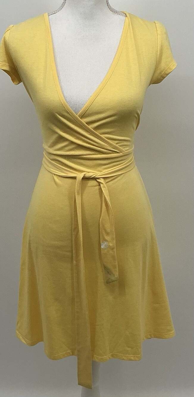 Seed Wrap Dress Yellow Womens S V Neck Tie Waist Fit Flare Cottagecore